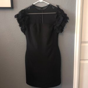 Black Cocktail Dress with Tulle Ruffle Cap Sleeves